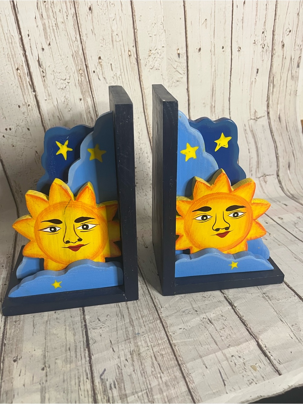 Vintage Celestial Folk Art Hand Painted Sun & Star Wood Bookends